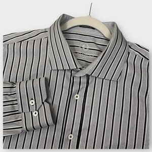 Bugatchi Shirt Mens XL Classic Fit Long‎ Sleeve Black Gray Stripe Dress Casual